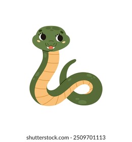 Cobra alegre bonito com olhos grandes. Um réptil verde com uma barriga listrada amarela. Personagem kawaii. Animal selvagem. Estilo de desenho animado. Ilustração vetorial isolada sobre fundo branco.