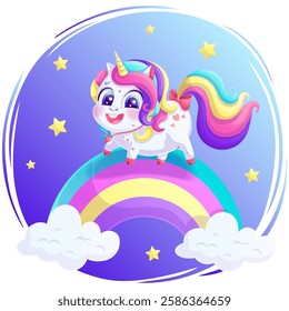 A cute, joyful unicorn stands on a rainbow. A charming animal with a bright mane and a golden horn on a dark blue background with stars.Vector illustration for design, prints and patterns.