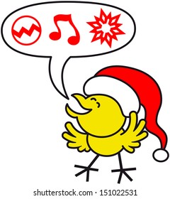 Cute and joyful yellow chicken expressing his best wishes for Christmas represented by red symbols such as a decorated ball, a musical note and a ornamental star inside a speech balloon