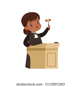 Cute judge girl cartoon character standing at tribunal with gavel vector Illustration on a white background