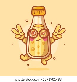 cute juice bottle character mascot with peace sign hand gesture isolated cartoon in flat style design