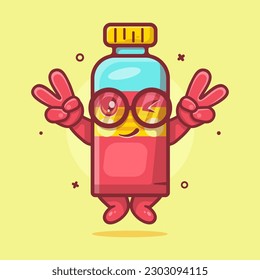 cute juice bottle character mascot with peace sign hand gesture isolated cartoon in flat style design 