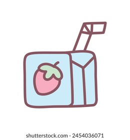 Cute juice box icon. Hand drawn illustration of strawberry fresh isolated on a white background. Summer lemonade. Vector 10 EPS.