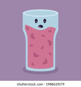 Cute juice character for breakfast with surprising face isolated on purple background. Raw strawberry fresh juice in doodle style. Vector illustration