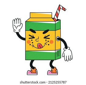 Cute juice pack. Retro cartoon character in old animation style. Lineart. 