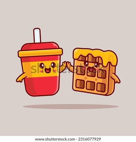 Cute Juice And Cute Waffle High Five Cartoon Vector Icon Illustration. Food Drink Icon Concept Isolated Premium Vector. Flat Cartoon Style