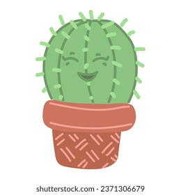 Cute juicy cactus in a pot with a funny cartoon face. Isolated vector illustration with a laughing cactus. An emotional prickly plant in a painted pot. Printing for stickers, postcards, sublimation