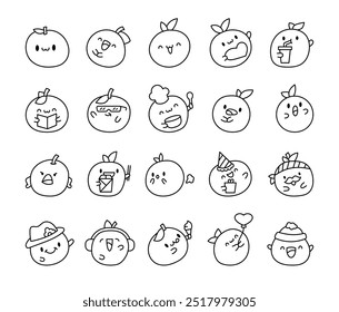 Cute juicy orange. Coloring Page. Kawaii fruit character. Hand drawn style. Vector drawing. Collection of design elements.