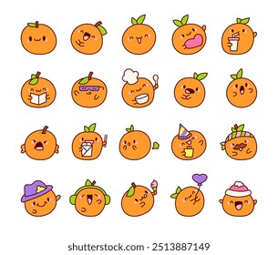 Cute juicy orange. Kawaii fruit character. Hand drawn style. Vector drawing. Collection of design elements.