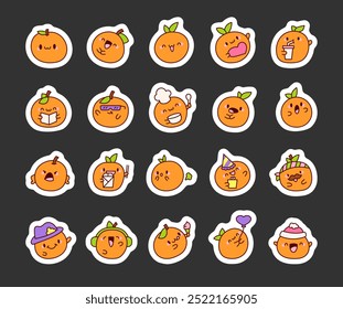 Linda naranja jugosa. Marcador de pegatinas. Carácter de fruta kawaii. Estilo dibujado a mano. Dibujo de Vector. Colección de Elementos de diseño.