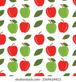 Cute juicy red and green apple fruit seamless pattern printable for girls. Hand-drawn summer food banner on white color. Healthy, apple abstract repeated background. Autumn falling leaves wallpaper.  