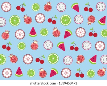 Cute juicy tropical mix fruits (Cherry ,Lime ,Dragon fruit ,Pomegranate ,Watermelon and mangosteen slice pattern) isolated on blue background.Memphis style.Design for summer backdrop ,Wallpaper.Vector