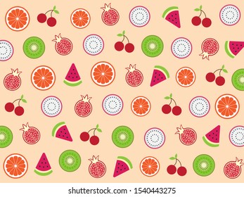 Cute juicy tropical mix fruits (Cherry ,Citrus ,Red dragon fruit ,Pomegranate ,Watermelon ,Lemon and Kiwi slice pattern) isolated on orange background.Design for summer backdrop ,Wallpaper.Vector.