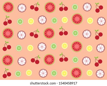 Cute juicy tropical mix fruits (Cherry ,Citrus ,Lime ,Lemon ,Mangosteen and Watermelon slice pattern) isolated on bright orange background.Design for summer backdrop ,Cartoon fruit wallpaper.Vector.