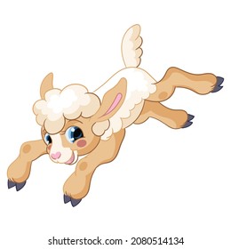 Cute jumping beige lamb. Cartoon lamb character. Vector illustration isolated on white background. For card, poster, design, greeting, stickers, room decor, t-shirt, kids apparel, invitation, book