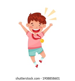 Cute Jumping Boy Gewinner mit Goldmedaille auf seiner Neck-Vektorgrafik
