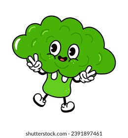 Cute saltando el personaje de Broccoli. Dibujo manual de vectores tradicional de caricatura vintage, retro kawaii icono de ilustración de personaje. Fondo blanco aislado. Concepto de personaje de salto de brócoli