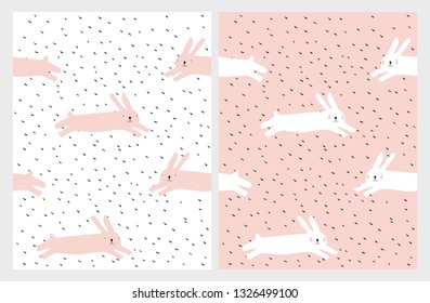 Cute Jumping Bunnies Abstract Vector Pattern. Lovely Rabbits on a White and Pink Background. Simple Infantile Style Nursery Art. Easter Theme Decoration. Sweet Pastel Color Illustration for Baby Girl 
