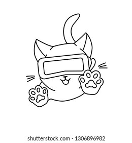 Cute jumping cat with VR glasses. Vector illustration, cute character in a minimaistic line art style. Monochrome, isolated on white background.