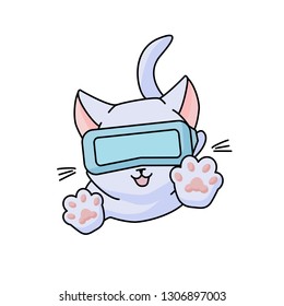 Cute jumping cat with VR glasses. Vector illustration, cute character in a minimaistic line art style. Isolated on white background