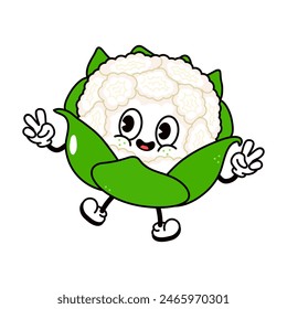 Cute jumping Cauliflower character. Vector hand drawn traditional cartoon vintage, retro kawaii character illustration icon. Isolated white background. Cauliflower jump character concept