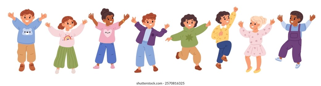 Cute jumping children. Happy kids having fun. Funny boys and girls rejoice. Cartoon primary school students. Excited emotion expressions. Joyful teenager gestures. Garish