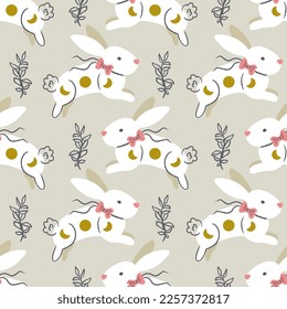 Cute Jumping Cosmic Bunny Vector Seamless Pattern