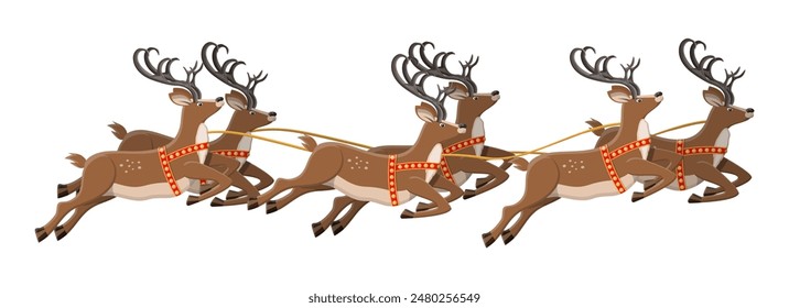 Cute jumping deer with antlers. Herd of reindeers. Happy new year decoration. Merry christmas holiday. New year and xmas celebration. Vector illustration in flat style