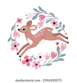 Cute jumping deer in floral wreath. Hand drawn vector fawn illustration. Perfect for tee shirt logo, greeting card, poster, invitation or print design.