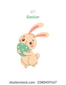 Cute jumping Easter bunny holding colorful egg. Happy Easter greeting card with cute bunny and Easter egg.