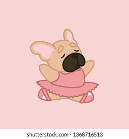 Cute Jumping Fawn French Bulldog Ballerina with Pink Tutu Cartoon Vector Illustration