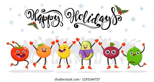 Cute jumping fruits and vegetables kids. Happy holidays hand drawn text. Vector cartoon funny food character. Christmas illustration isolated on a white background.