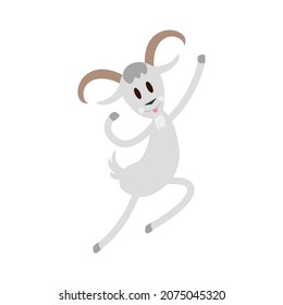 Cute jumping goat. Cartoon goat in a superhero pose. Farm animal isalated on white