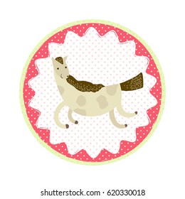 Cute jumping horse. Vector round icon sticker with a polka-dot pattern in cartoon style for print design of children's banners, postcards, posters, booklets.