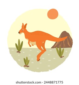 Cute jumping kangaroo and australian desert landscape. Vector illustration