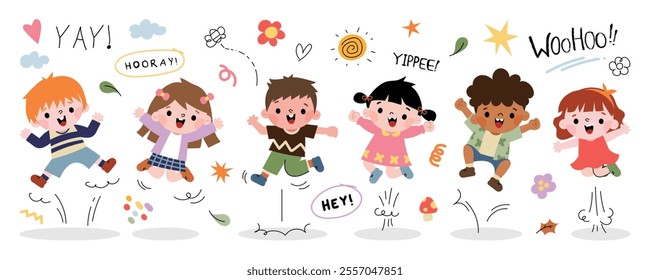 Cute jumping kids characters design vector set. Collection children fun of kindergarten, girls, boys with different poses, happy, smile. Back to school with kids illustration for education.