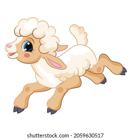 Cute jumping lamb. Cartoon little sheep character. Vector isolated illustration. Funny animal. For greeting cards, posters, design, stickers, decor and kids apparel