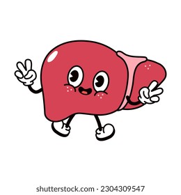Cute jumping Liver character. Vector hand drawn traditional cartoon vintage, retro kawaii character illustration icon. Isolated white background. Liver jump character concept