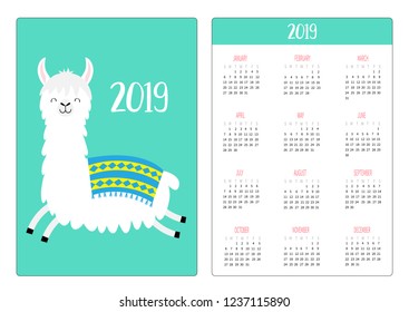 Cute jumping llama alpaca. Simple pocket calendar layout 2019 new year. Week starts Sunday. Vertical orientation. Cartoon kawaii funny baby character. Flat design. Green background Vector illustration