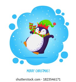 Rutschspringpinguin in einem Elfenhut und gestreiftem Schal. Handgezeichnete Vektorgrafik. Neue Jahr vorgefertigte Postkarte mit Text Frohe Weihnachten. Alle Elemente sind isoliert. 