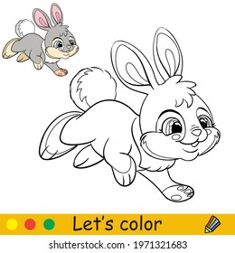 Cute jumping rabbit. Cartoon character rabbit. Coloring book page with colorful template. Vector contour isolated illustration. For coloring book, preschool education, print, stickers, design and game