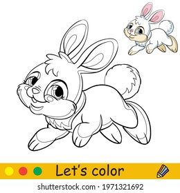 Cute jumping rabbit. Cartoon character rabbit. Coloring book page with colorful template. Vector contour isolated illustration. For coloring book, preschool education, print, stickers, design and game