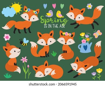 Cute jumping, sleeping, sitting foxes in Spring season theme vector illustration.