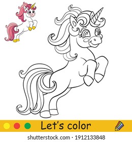 Cute jumping smiling unicorn. Coloring book page for children with colorful template. Vector cartoon illustration isolated on white background. For coloring book,preschool education,print and game