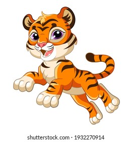 Cute jumping tiger. Cartoon character. Vector isolated colorful illustration. For print and design, posters, nursery design, cards, stickers, room decor, party, t-shirt, kids apparel and invitation