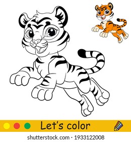 Cute jumping tiger. Cartoon character tiger. Coloring book page with colorful template. Vector contour isolated illustration. For coloring book, preschool education, print and game.