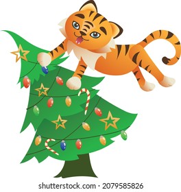 Cute jumping tiger with christmas tree. 2022 mascot. Isolated on a white background. Can be used for t-shirt, greeting card, invitation card or mascot, banners, web, packaging, ads, cards etc. Vector