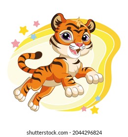 Cute jumping tiger on a yellow background with stars. Cartoon character. Vector isolated colorful illustration. For print and design, poster, card, sticker, room decor, party, kids apparel