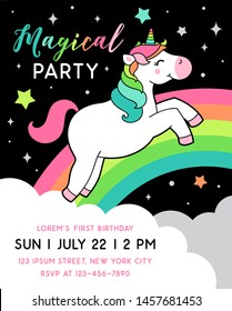 Cute jumping unicorn illustration with rainbow background for birthday party invitation card template.
