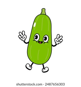 Cute jumping Vegetable marrow character. Vector hand drawn traditional cartoon vintage retro kawaii character illustration icon. Isolated white background. Cucumber character jump